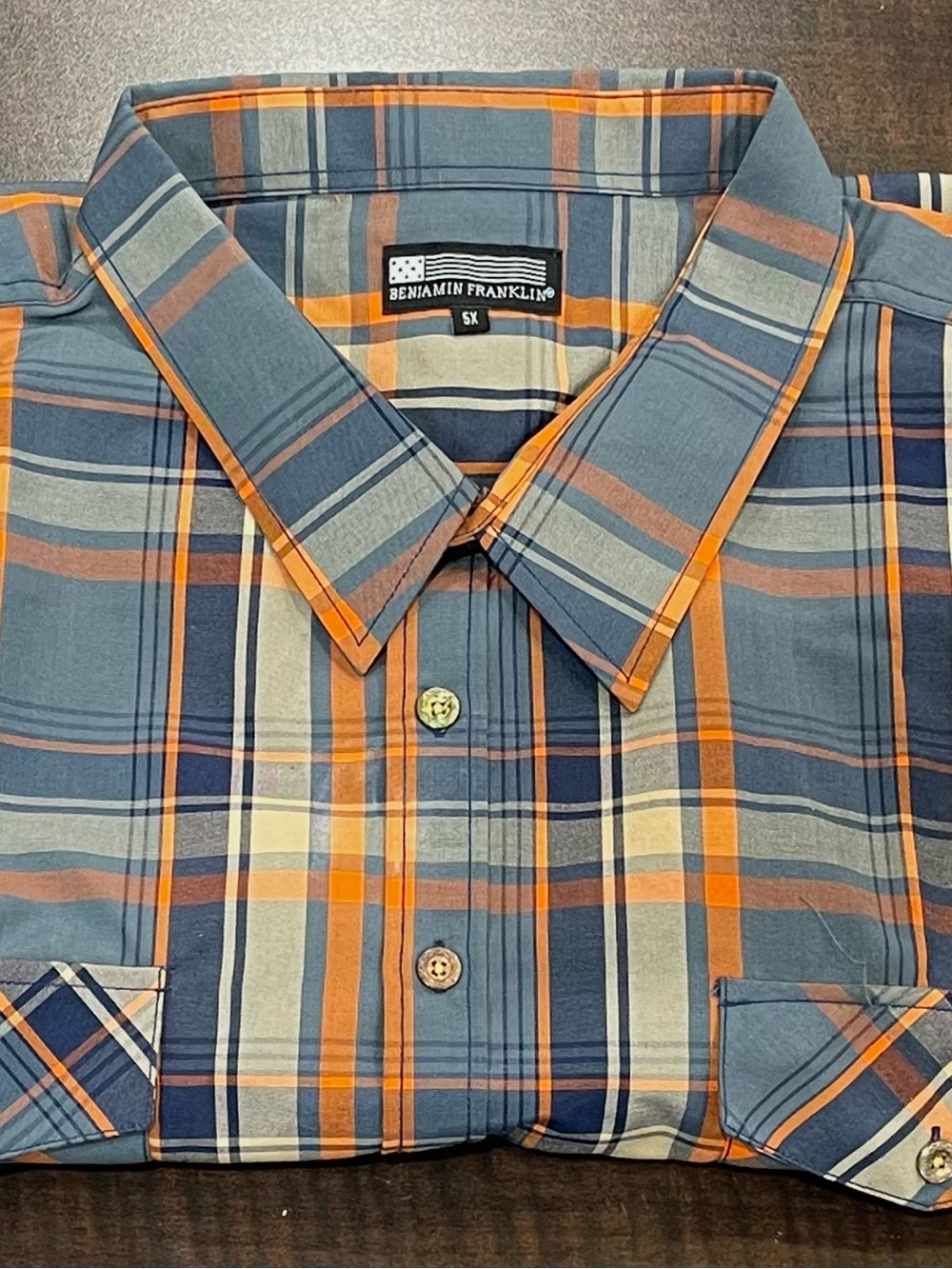 Casual Plaid Button-Down Benjamin Franklin Shirt w/ 2 packets — Blue & Orange